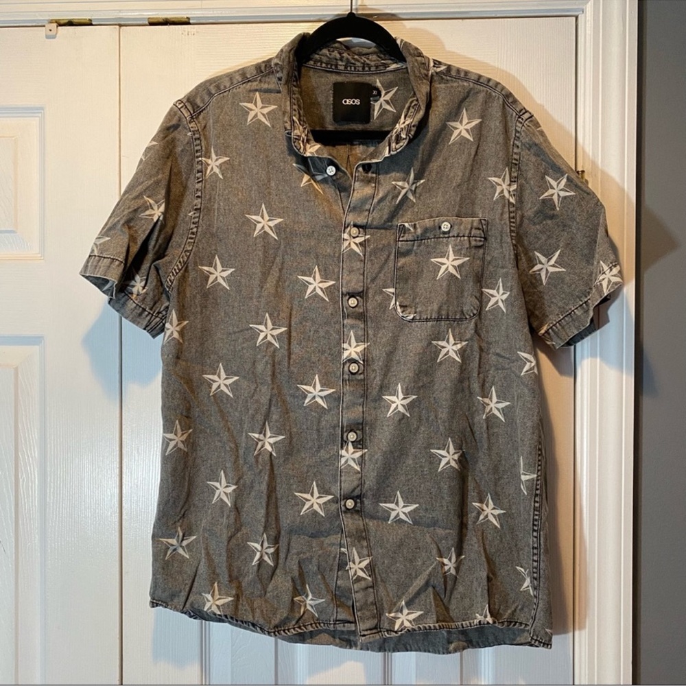 ASOS Washed Black Denim Button Up Short Sleeve Shirt with White Stars
